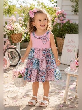 Bonnie Baby Pink Floral Tiered Patchwork Chiffon Dress Size 24 M